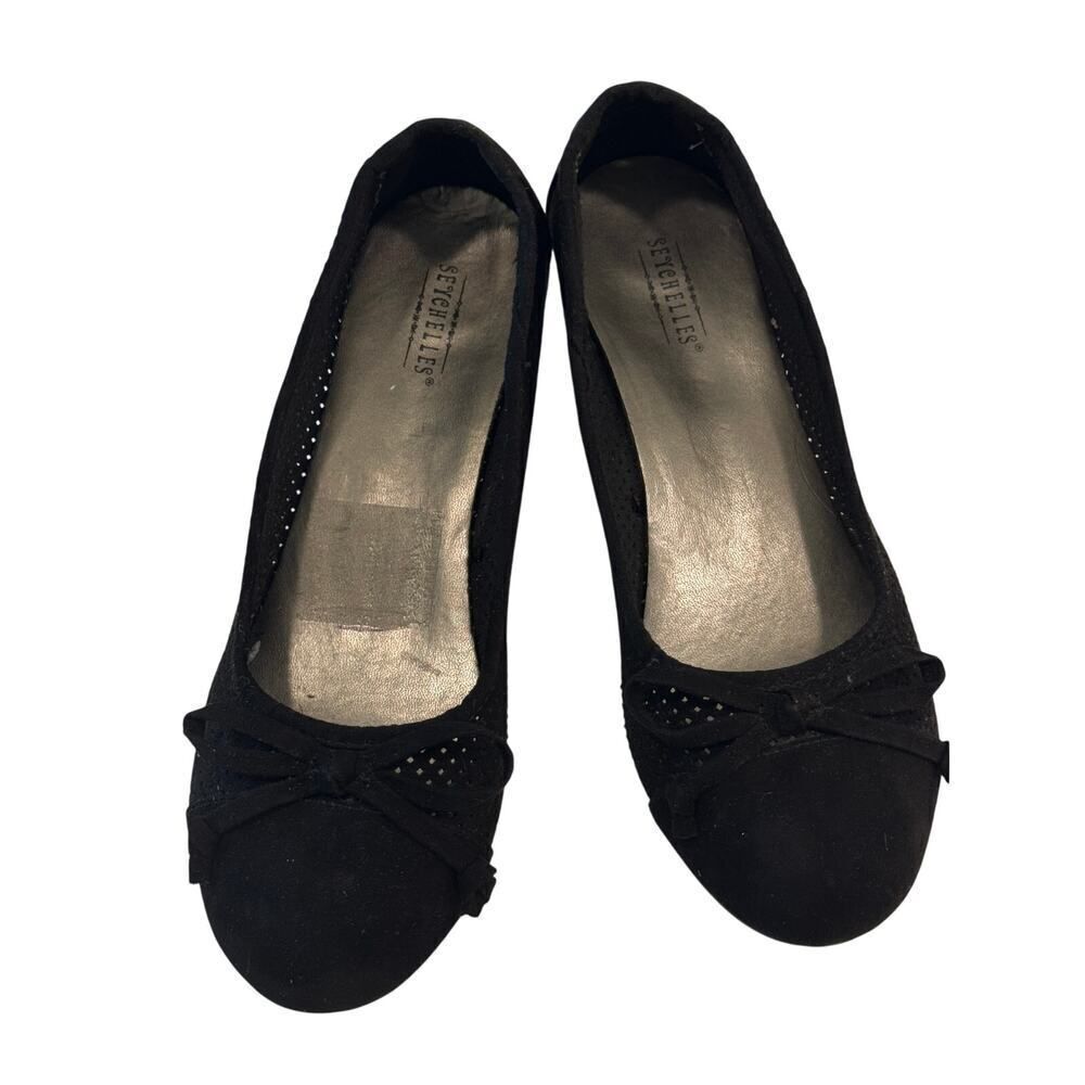 Seychelles Black Suede Wedge Ballet Flats Size 6 Bow Detail Comfort Shoes